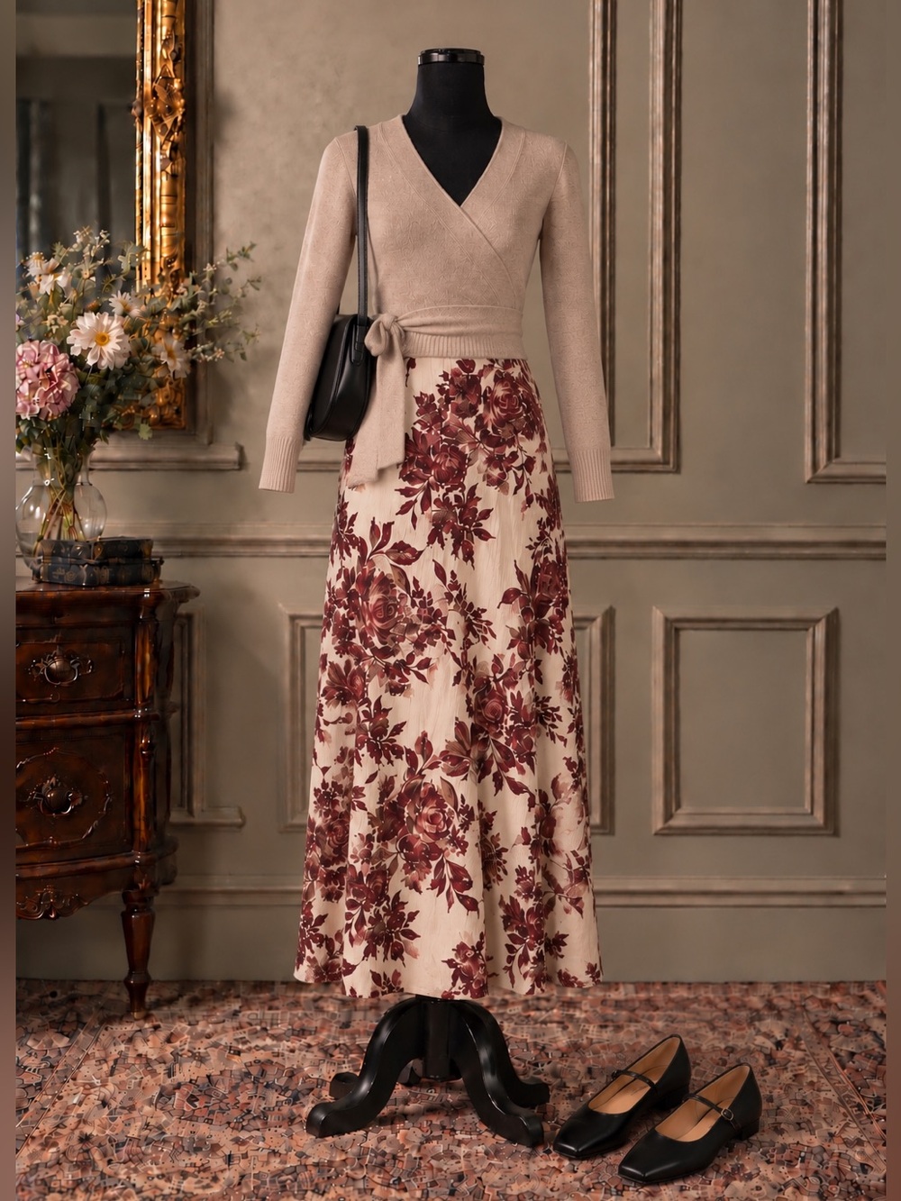 Pink + Sophie Floral Maxi Skirt Burgundy Ivory Boho Romantic Academia S